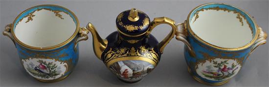 Two Sevres style porcelain wine coolers and a coffee pot and cover, 19th century, 16.5cm, 16cm, damage to coffee pot